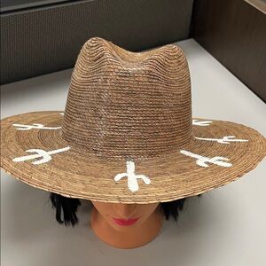 Source Unknown Brown Straw Hat with White painted cactus on brim